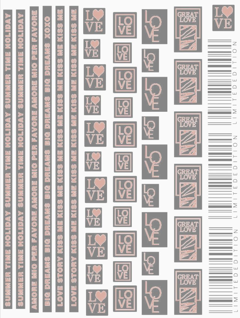 Nagelsticker - Aufkleber selbstklebend - Nail Sticker - rosegold schwarz Wörter Zeichen Streifen
